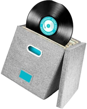 alloneslife Sturdy CDs Storage Box 12.99Inch With Lid And Handles Folding Organizers Holds 100+ Records For Albums And Magazines