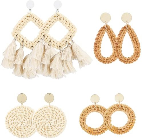 SOFPLATE Boho Rattan Earrings Dangle Woven Straw Earrings Large Geometric Bohemian Earrings for Women Summer Beach Party Accessories