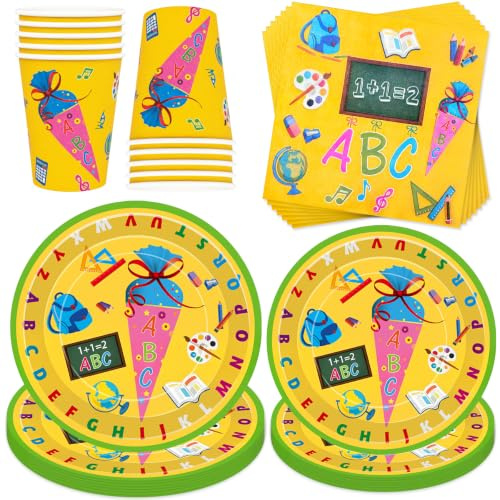 50 Stück Einschulung Partygeschirr Set,mit Pappteller Becher und Servietten | Einschulung Schulanfang Partyset,Schulanfang Pappteller Set,Schulstart Party Geschirr für 10 Gäste