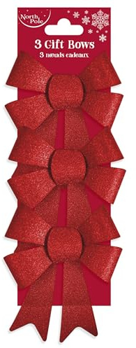 Eurowrap 3 Pack Red Present Bows – Glitter Gift Wrap Bows with Loops and Tails – 11cm Width – Perfect for Christmas, Birthdays & Special Occasions