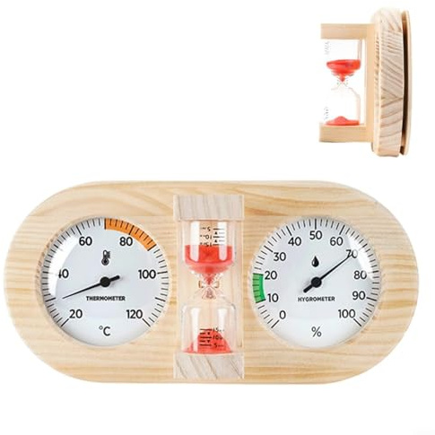 HOHOVYVY Termómetro higrómetro para sauna con reloj de arena de 15 minutos para sauna y clima interior, 29 x 14 cm, para medición precisa de temperatura y humedad (rojo)