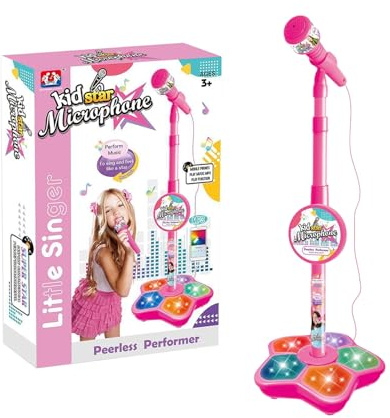Microfono per bambini con supporto - microfono per cantare, design robusto del set di gioco | giocattolo karaoke con luce pulsante con base stabile, microfono musicale interattivo per intrattenimento