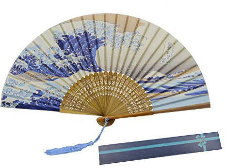 KAKOO Japanische Handfächer Kanagawa Sea Welle Fächer Taschenfächer mit Box Geschenk Wanddekor Hochzeit Kostüm Theater