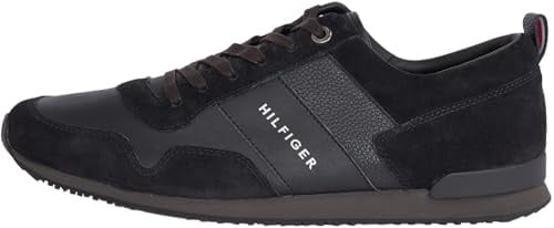 Tommy Hilfiger Men’s Iconic Leather Suede Mix Runner Trainers, Black (Black), 7
