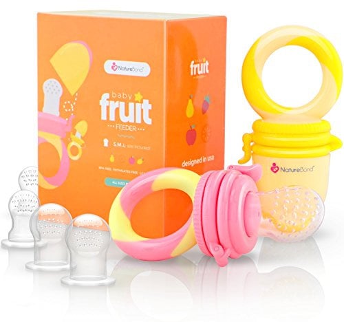 NatureBond Baby Food Feeder/Fruit Feeder Pacifier (2 Pack) - Infant Teething Toy Teether | 6 PCs Silicone Teats (Peach Pink & Lemonade Yellow)