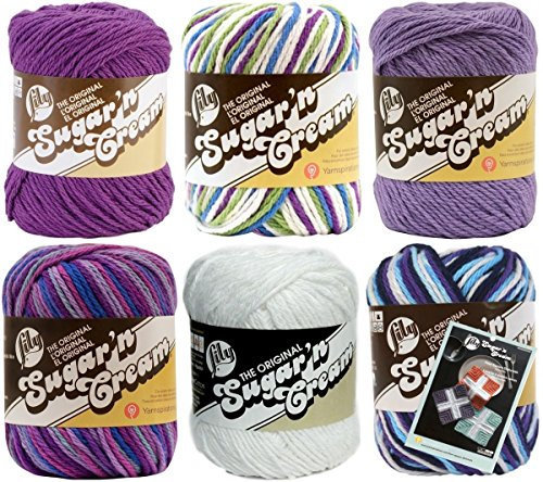 Variety Assortment Lily Sugar'n Cream Yarn 100 Percent Cotton Solids and Ombres (6-Pack) Medium Number 4 Worsted Bundle with Four Square Dishcloth Pattern
