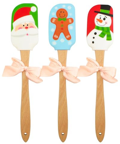 Spatola in silicone, Caliamary 3 pezzi Set mini spatola in silicone da cucina, spatola per pasticceria con manico in legno di Natale, pupazzo di neve e Omino Babbo Natale modello