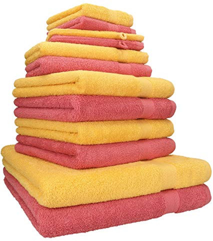 Betz 12-TLG. Handtuch Set Premium 100% Baumwolle 2 Duschtücher 4 Handtücher 2 Gästetücher 2 Seiftücher 2 Waschhandschuhe Farbe honiggelb/Himbeere