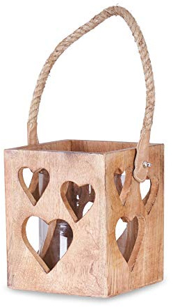 levandeo Windlicht Herz 15x18x15cm Braun Mangoholz Holz Glas Kerze Laterne Teelichthalter Kerzenhalter Romantik Kerzenschein