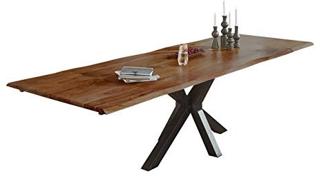SAM Baumkantentisch 200 (300) x 100 cm Spencer, Akazienholz nussbaumfarben & massiv, Esszimmertisch mit 2 Ansteckplatten, Mattschwarzes Spider-Metallgestell, Platte 35mm