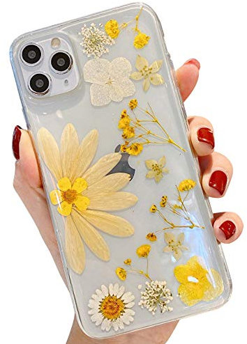 Tybiky iPhone 11 Pro Case, Real Flower Mobile Phone Case Clear TPU Protective Case Shock Absorbent Real Compressed Dried Flowers Mobile Phone Cases Cover for iPhone 11 Pro, Half Yellow Flower