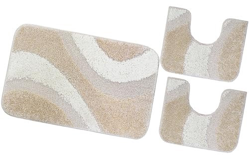 emmevi Tappeto Bagno Parure Set 3 Pezzi Morbido Shaggy Antiscivolo Lavabile mod.EVIA SET 3 PEZZI BEIGE