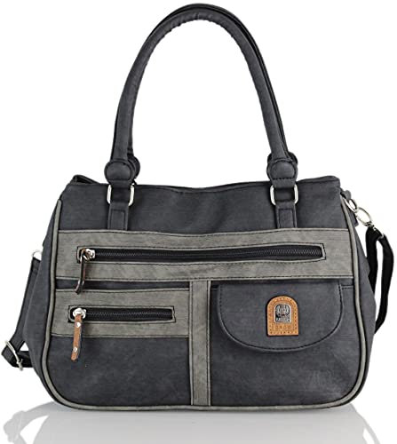 irisaa Handtasche Damen Umhängetasche Medium Schultertasche praktische Henkeltasche mit vielen Fächern Hobo Taschen Vintage Look mit Reißverschluss, Damen Tasche:Schwarz Grau