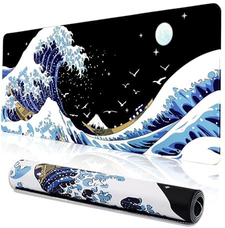 MEWOOCUE Tapis de souris pour ordinateur portable de jeu, motif vague de mer, tapis de bureau imperméable et antidérapant, 3 mm d'épaisseur, XL, tapis de table en caoutchouc, motif Kanagawa Surf et