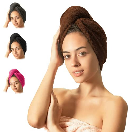 VAPANA® Haarturban Handtuch [2er Set] - Braun - Deluxe Turban Haarturban mit Knopf - Schnelltrocknend Mikrofaser Handtuch Haarhandtücher - Kopftuch Handtuch - für Lange Haare