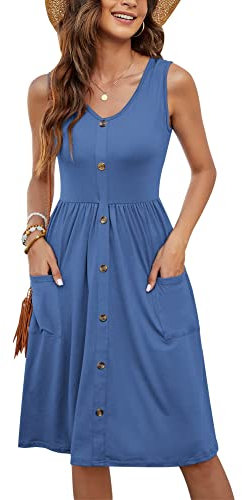 Molerani Summer Dress for Women - UK Sleeveless Ladies V Neck Beach Swing Button Midi Sundress with Pockets - Beja Blue 12-14 M