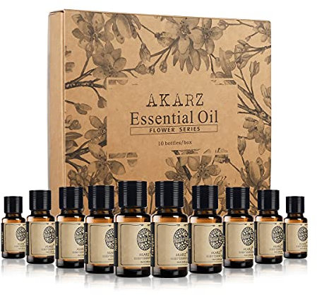 AKARZ Flower Series 10x10ML Sets Ätherische Öle Lavendel Jasmin Rose Ylang Neroli Frangipani Lotus Pfingstrose Osmanthus Veilchen Ätherisches Öl 10 Stück für Luftbefeuchter Massage Aromatherapie