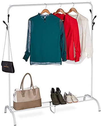 Relaxdays Coat Rack Metal, Shoe & Bag Shelf, 6 Hooks, Clothes Rail Bedroom, HWD: 145 x 132 x 44 cm, Free Standing, White, Steel