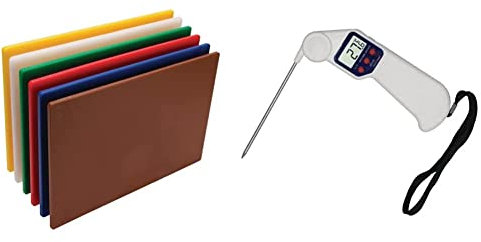 Hygiplas Low Density Chopping Board Set (Pack of 6) & J242 Easytemp Colour Coded White Digital Temperature Measurement