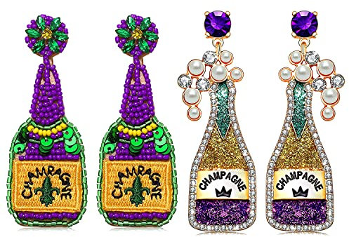 2 Pairs Rhinestone Champagne Bottle Earrings Crystal Wine Glass Dangle Earrings for Women Delicate Champagne Flute Earrings Party Celebration Jewelry Gifts, Zinc, Rhinestone