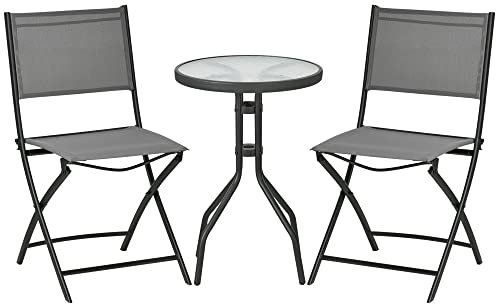 Outsunny Conjunto de Muebles de Jardín 3 Piezas Set de Muebles Exterior Incluye Mesa con Encimera de Vidrio Templado y 2 Sillones Plegable con Respaldo y Asiento de Texteline Gris