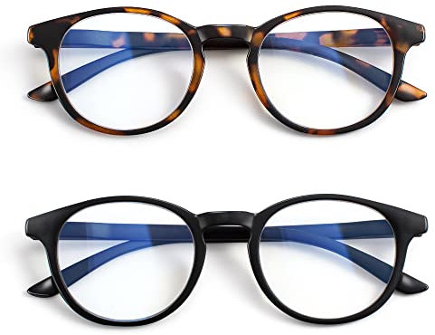 EYEGUARD Ultra Dünn 2er Pack Lesebrille Damen und Herren, Runde Leichte Blaulichtfilter Lesebrille mit Federscharnieren, Schildpatt/schwarz +1,00 Dioptrien
