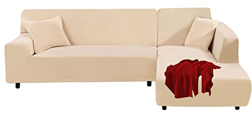 FIGOOO Sofabezug Ecksofa L Form Links Rechts Stretch Sofa Überwürfe 2er mit 2 Stück Kissenbezug Abnehmbarer Universal Elastische Couchbezug Sofahusse L Shaped (3 Sitzer+4 Sitzer,Beige)
