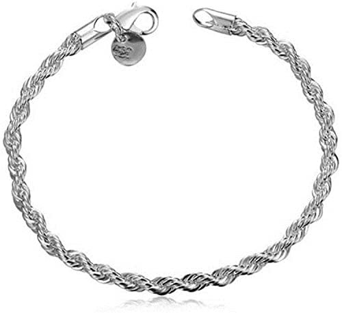Bracciale a catena in corda da 4 mm, per uomo o donna, in lega placcata al rodio, resistente e alla moda