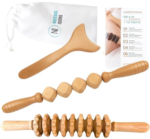 Kit boisthérapie corporelle - Rouleau anti-cellulitique - Rouleau de bois - 2 rouleaux de massage musculaire et planche de moulage en bois, manuel d'instructions et boîte