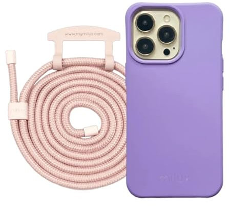 milux Handyhülle | iPhone 14 | Voller Schutz für Dein Smartphone (Hülle Flieder & Kordel Rosa)