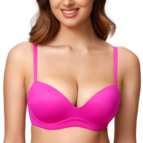 DOBREVA Women's Push Up Bra Plunge Wireless Comfortable T Shirt Padded Bras Glitter Pink 40C