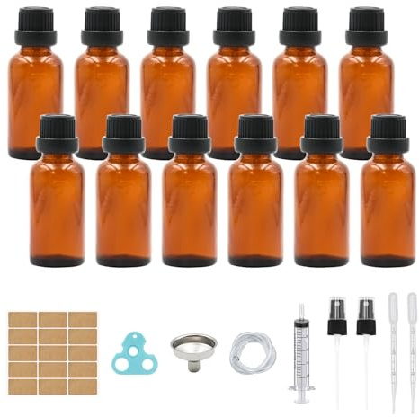 Reyshin 30ml-12Stk Braunglasflasche, Tropfflasche aus Glas Bernsteinglasflasche Set inkl.kleine Glasflaschen Tropfereinsatz Verschluss Trichter Spritze Etikett Hilfsmittel (Braun, 30ml-12Stk)