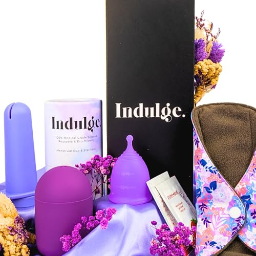 Indulge 5 PCS Reusable Menstrual Cup Set–Silicone Period Cup,Applicator,Microwave Steriliser,Water-Based Lube & Reusable Pad–Eco Alternative to Tampons & Sanitary Towels, Extra Small,Pack of 2, Purple