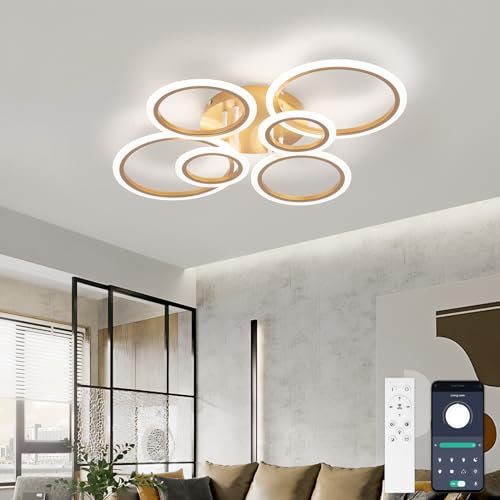 YUNLONG Smart Deckenlampe Wohnzimmer Kompatibel mit Alexa & Google Home, WiFi Moderne Led Wohnzimmerlampe Decke 6 Ringe, Deckenleuchten Dimmbar mit Fernbedienung 36W, 3200LM, für Wohnbereich, Gold