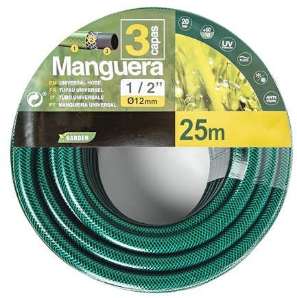 Manguera de Agua de Jardín 1/2 Pulgadas(12mm) 25m - Manguera para Riego Reforzada 3 Capas -Presión de rotura de 20 bar