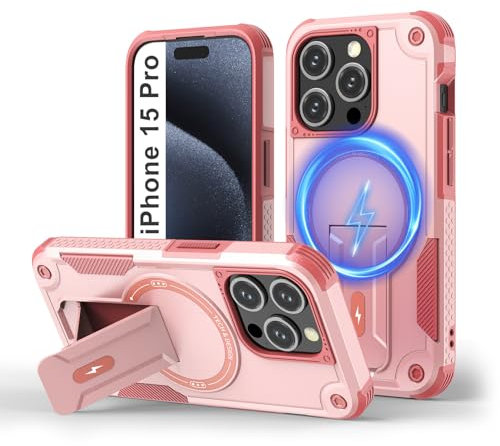 Tuvror Cover Magnetica per iPhone 15 Pro [Compatibile con MagSafe] supporto Integrato, Supporto Protezione Militare Anticaduta, Cover Robusta Antishock per iPhone 15 Pro, Rosa