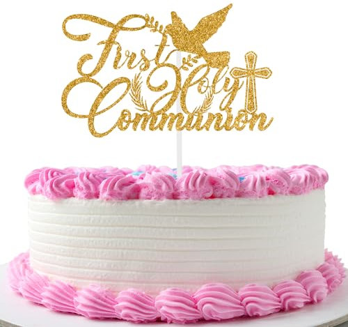 First Holy Communion Cake Topper, Shining Baptism Cake Topper First Communion God Bless Cake Decoration for Wedding Christening Baby Shower 1st Birthday Party Decorations(Gold)