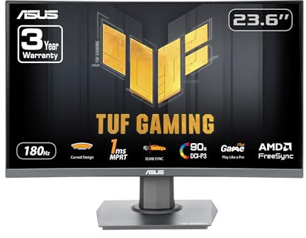 ASUS TUF Gaming 24 Zoll (59,9 cm sichtbar) Curved Monitor (VG24VQER) - FHD, 180Hz, 1ms, DCI-P3 90%, Extreme Low Motion Blur Sync, FreeSync, Shadow Boost, Eye Care, DisplayWidget Center, 3 Jahre