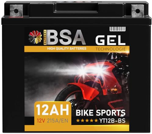 BSA YT12B-BS GEL Motorradbatterie 12V 12Ah 215A/EN Batterie doppelte Lebensdauer entspricht 51001 51015 YT12-B4 GT12B-4 CT12B-4 vorgeladen auslaufsicher wartungsfrei