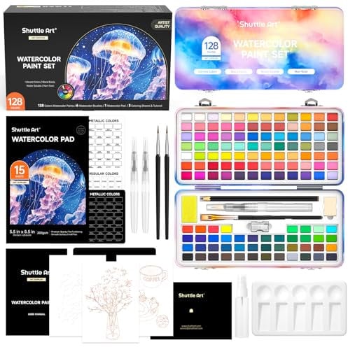 Shuttle Art Kit Aquarelle Peinture, 128 Couleurs Inclus Métalliques, Palette Aquarelle avec Pinceaux Palette Carnet Feuilles, Peinture Aquarelle Adulte Artiste, Kit Aquarelle Debutant Enfant