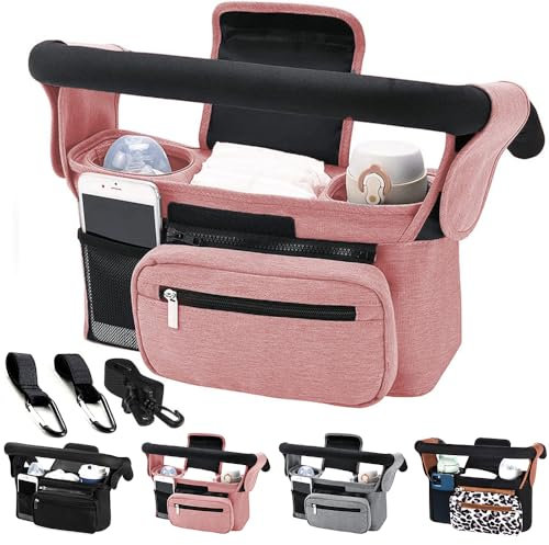 Tyuodna Kinderwagen Organizer Universal,Buggy Tasche mit 2 Isolierten Getränkehaltern, Große Kapazität & Abnehmbarer Schultergurt, Rutschfeste Haken für Kinderwagen/Buggy (Rosa)
