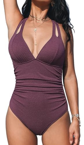 CUPSHE Damen Badeanzug mit Bauchkontur, tiefem V-Ausschnitt, doppelten Trägern und kreuzförmiger Rückenverschnürung., Violettbraun, XL