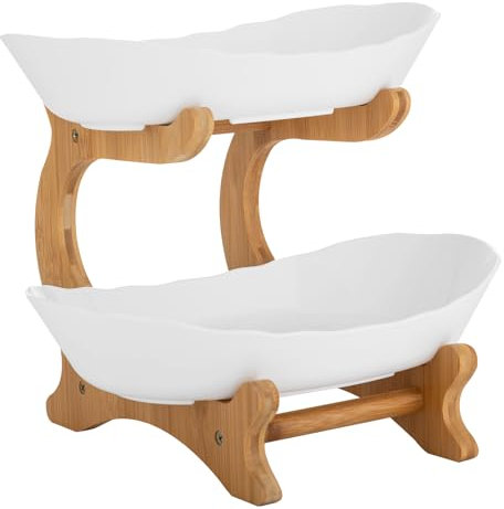 MIKIYUEER Obstschale Obstserviertablett - brotkorb Bambusholzrahmen, 2 lebensmittelechte PP-Schalen - Frisch und funktional - Kategorisieren und präsentieren von Obst (Weiß)