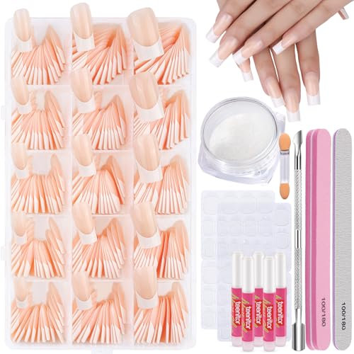 Teenitor False Nails Tips Press on Nails Long Square, 15 Sizes 240 Pcs Stick on Nails French Nails with Nail Glue, French Tip Fake Nails Glue on Nails for Women