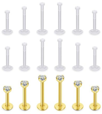 JSDDE 18 Stücke Labret Piercing Gold Set - Chirurgenstahl & Acryl Lippenpiercing, Conch, Helix, Tragus, Knorpel Ohrringe Stud, Medusa - 6-10mm