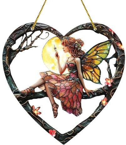 Hugsweet Sonnenfänger Fee, herzförmiger Feen-Sonnenfänger | Fensterdekoration aus gebeiztem Acryl | Herzförmige Feen-Fensterdekoration zum Aufhängen, Sonnenfänger, Gartendekoration für die