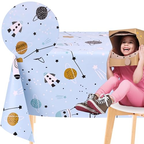 KP HOME Blaue PVC Tischdecke Abwischbar – Rechteckige Wachstischdecke für Kinder 200 x 140 cm – wasserdichte Kunststoff-Tischdecke mit Raketen-Weltraum-Motiv für drinnen – Vinyl-Wachstuch für Kinder