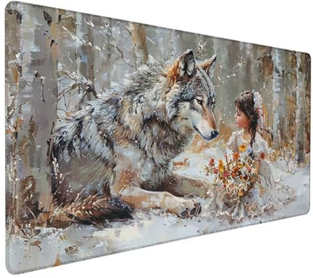 Grau Mousepad XXL 900 x 400 x 3 mm, Groß Gaming Mauspad Wolf Muster, Schreibtischunterlage rutschfeste Gummibasis, Wasserfest Mouse Pad Vernähte Kanten Design, Büro Deko, Geschenke für Frauen Z-878