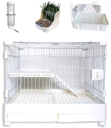 Freigehege für Kaninchen mit Dach Käfig Kaninchen Indoor mit Toilette, Kaninchenstall for Drinnen und Draußen mit Rädern, Metalldrahtzaun for Kleintiere(White)