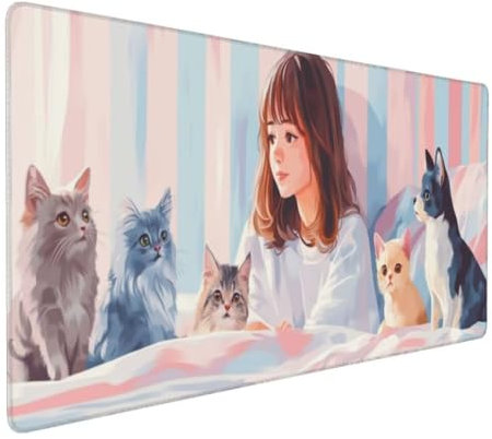 Mädchen Katze Mauspad XXL, Großes Mousepad 800x300x3mm rutschfeste Schreibtischunterlage, Präzises und langlebiges Large Mouse pad, Improved Precision rutschfeste Gummibasis, für Mauspad Office k-128